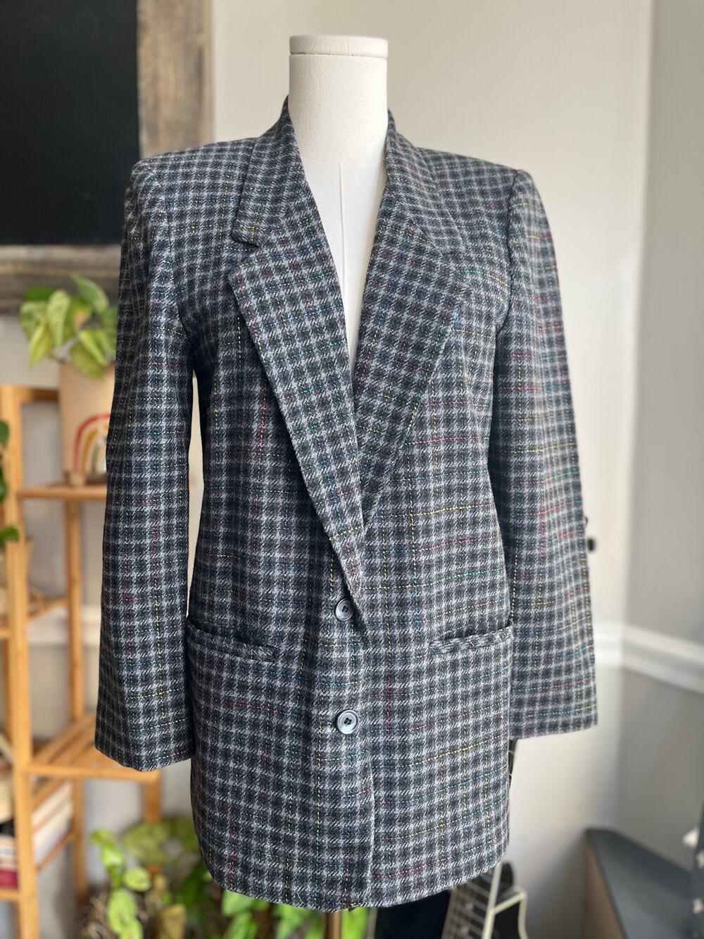 Vintage 90s Gray Rainbow Plaid Wool Blend Blazer Size Small